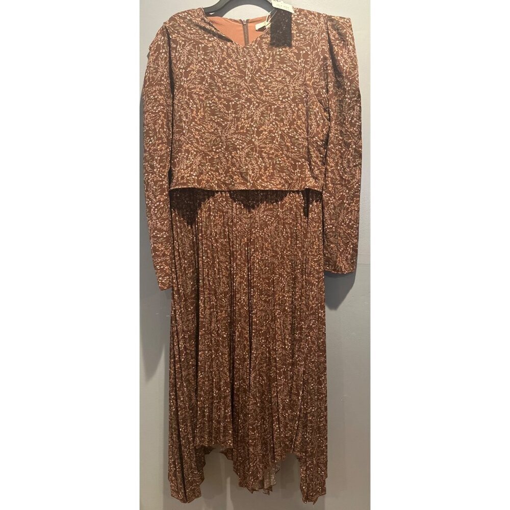 Women's Size L Brown Floral Pleated Ruffle Midi Dress NWT Cottagecore VTG Boho